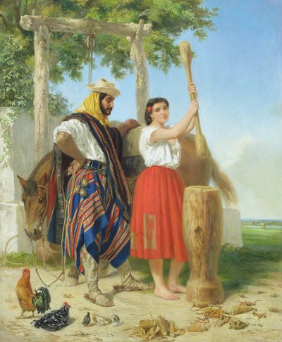 The Pounding of the Corn; Spanish American Scene by Jean Leon Palliere